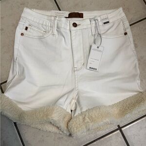 Judy Blue White Sherpa-Cuffed Jean Shorts